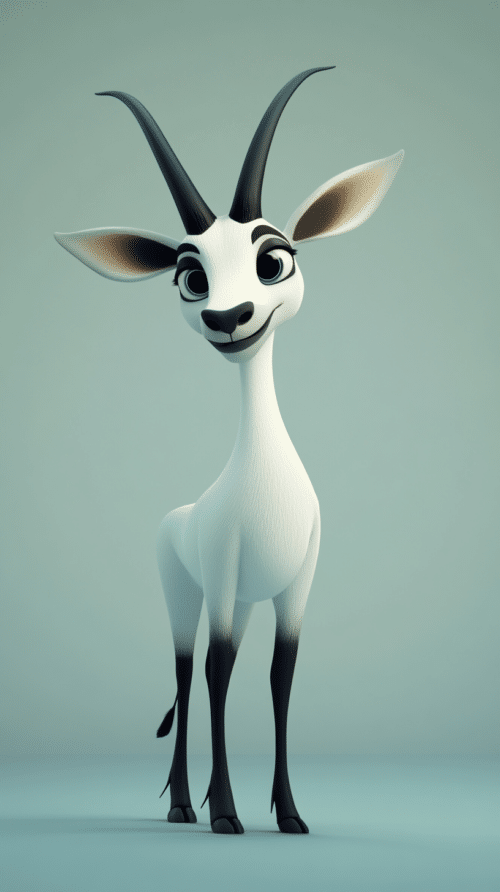 Cute 3D cartoon Arabian Oryx with large eyes and long, slender horns on a light teal background