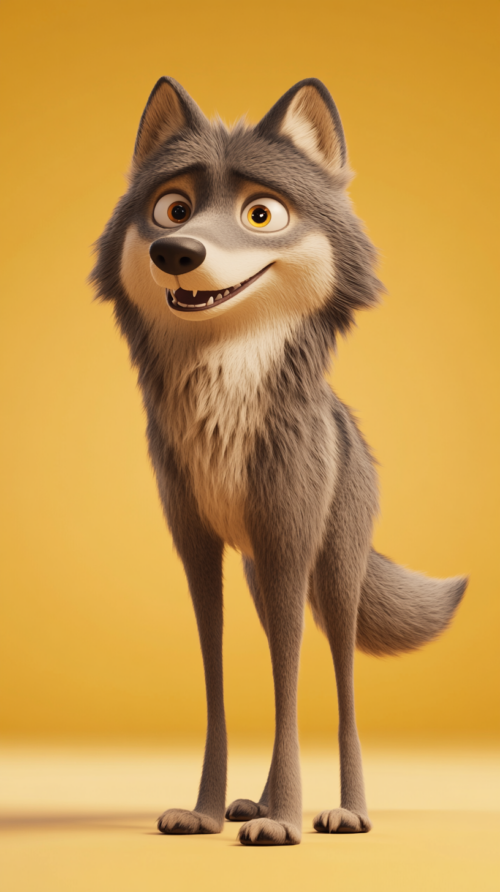 Playful 3D animated Arabian wolf character with a joyful expression and fluffy fur