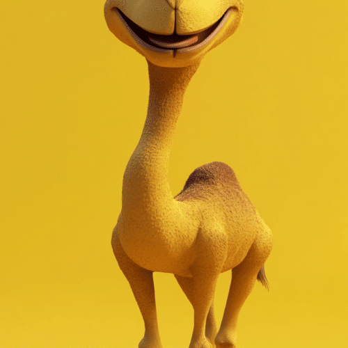 Cheerful 3D cartoon camel with a big smile and expressive eyes against a bright yellow background