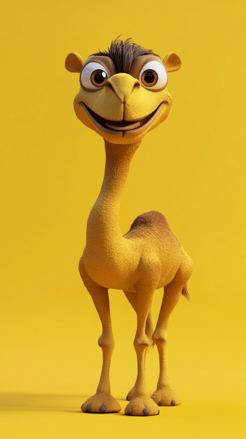 Cheerful 3D cartoon camel with a big smile and expressive eyes against a bright yellow background