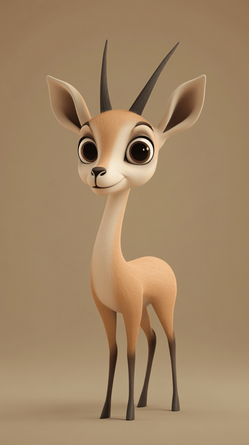 Adorable 3D cartoon Arabian sand gazelle with large eyes and slender horns on a neutral background