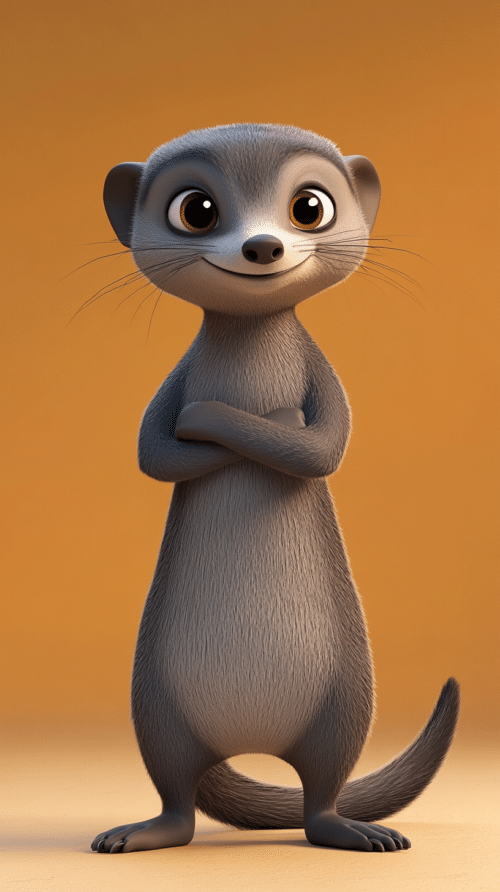 Playful 3D animated Arabian mongoose character with a big smile and crossed arms