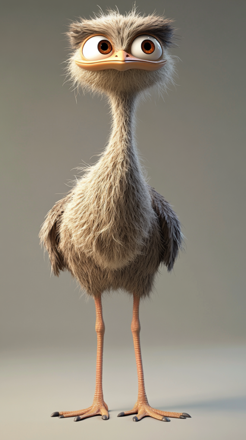 Smiling 3D cartoon Arabian ostrich with large eyes and fluffy feathers on a light gray background